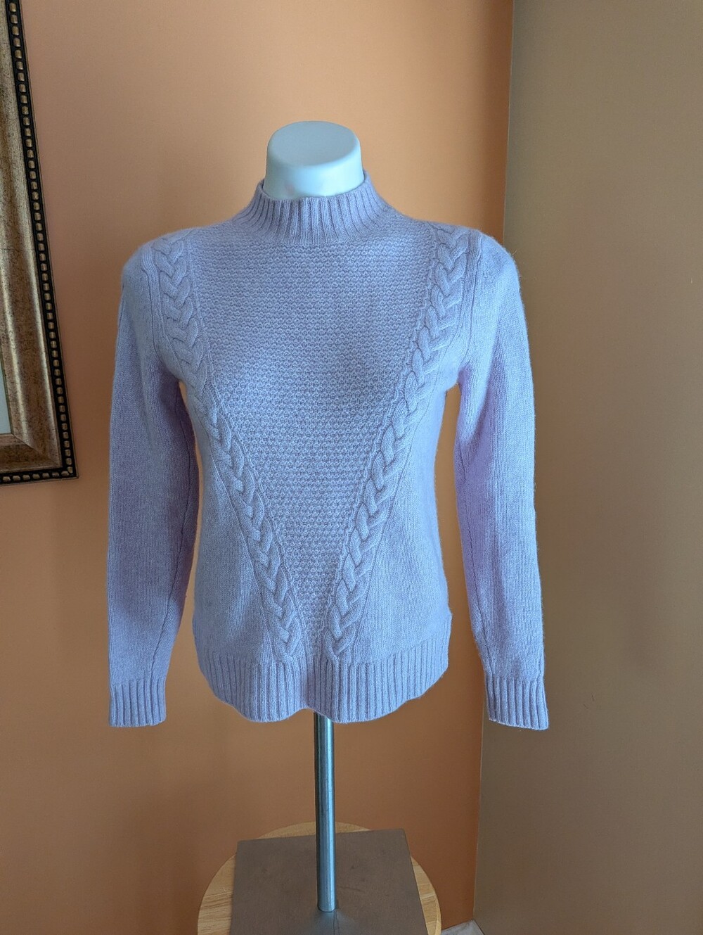Marled Soft Lavender Cable Knit Women's Sweater - Mock Neck 100% Cashmere Sz